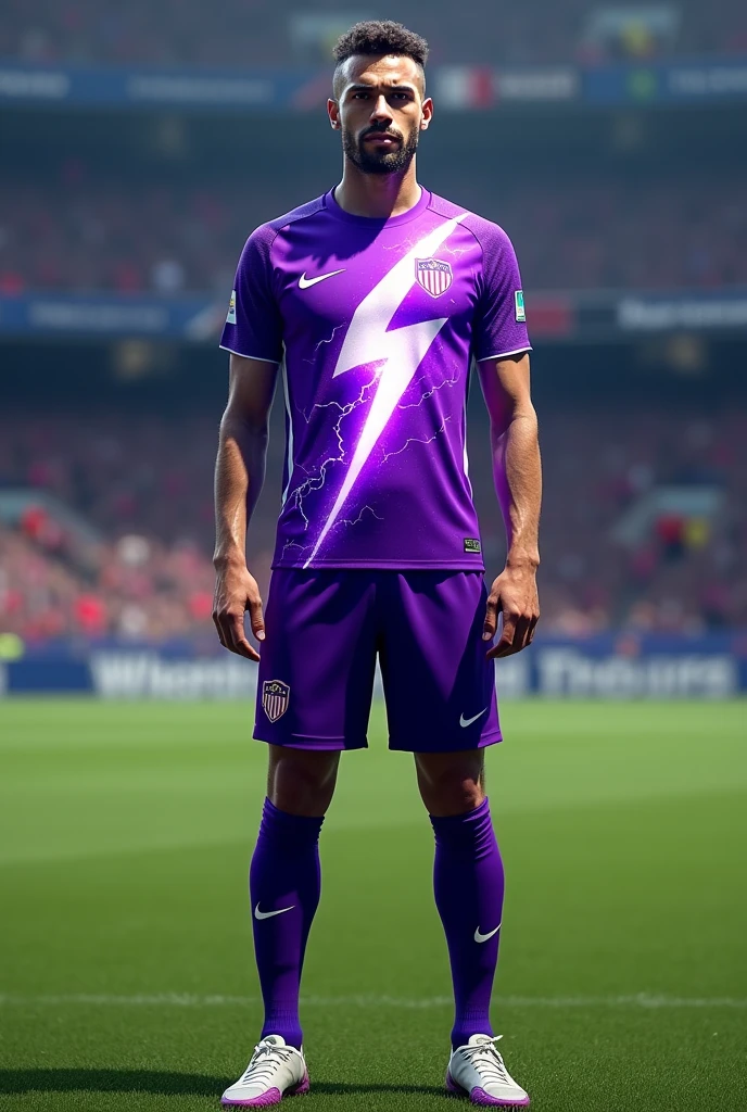Create a purple football kit with a realistic lightning bolt in the middle and add details