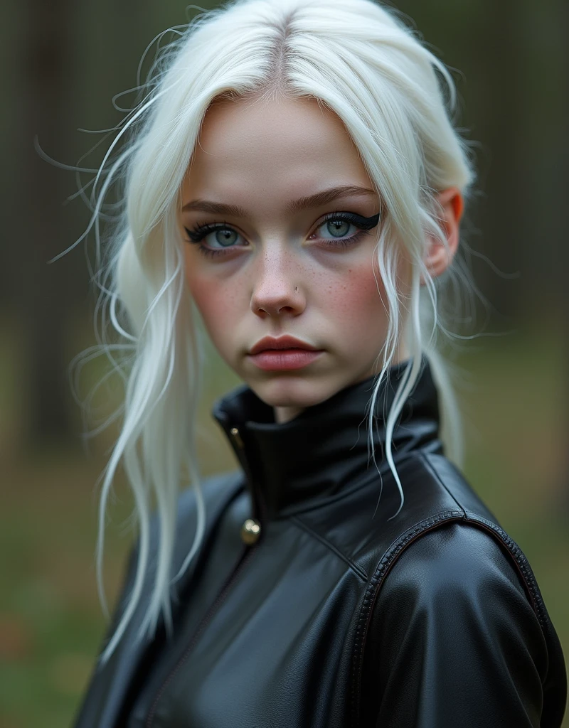 Full lenght, white hair, narrow face, grey eyes, girl, 18 years old, slim figure, almond-shaped eyes, button nose, full lips, european appearance, ultra highly intricate detailed, black eyeliner, leather summer dress, over knee boots, professional photography, ultra sharp focus, very beautiful