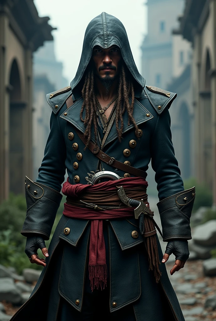 Jack Sparrow in his original hooded costume as if he were a member of the Assassins Creed assassins