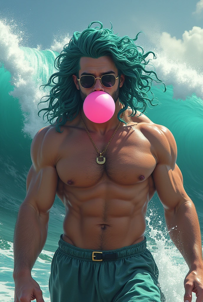 Poseidon wearing sunglasses and blowing bubble gum