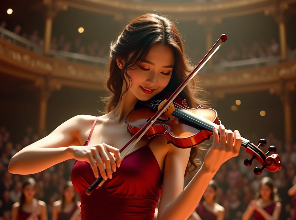 (masterpiece, high resolution, high detail, best quality), ultra detailed, 16k, photograph, cinematic lighting, the most beautiful face in the world, perfect face, highly detailed beautiful face and eyes, delicate facial features, shiny skin, highly detailed background, elaborately designed clothes, BREAK, (gorgeous and stunning Japanese woman playing the violin at a concert venue:1.4), Stradivarius, (Crimson sleeveless dress:1.2), curvy, (Wavy Hair), the incarnation of beauty, perfect make-up, light smile