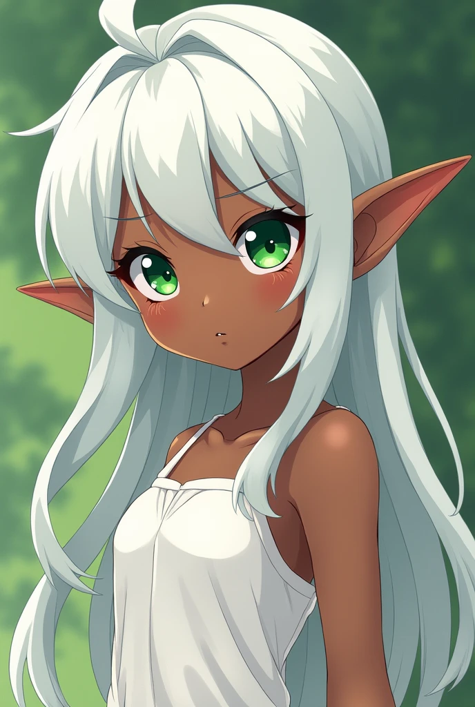 Anime girl with dark skin, green eyes, white hair and elf ears wearing a white dress 