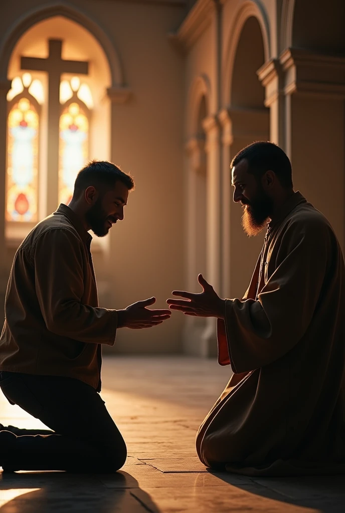 A brother kneels down and gestures to receive something from his pastor