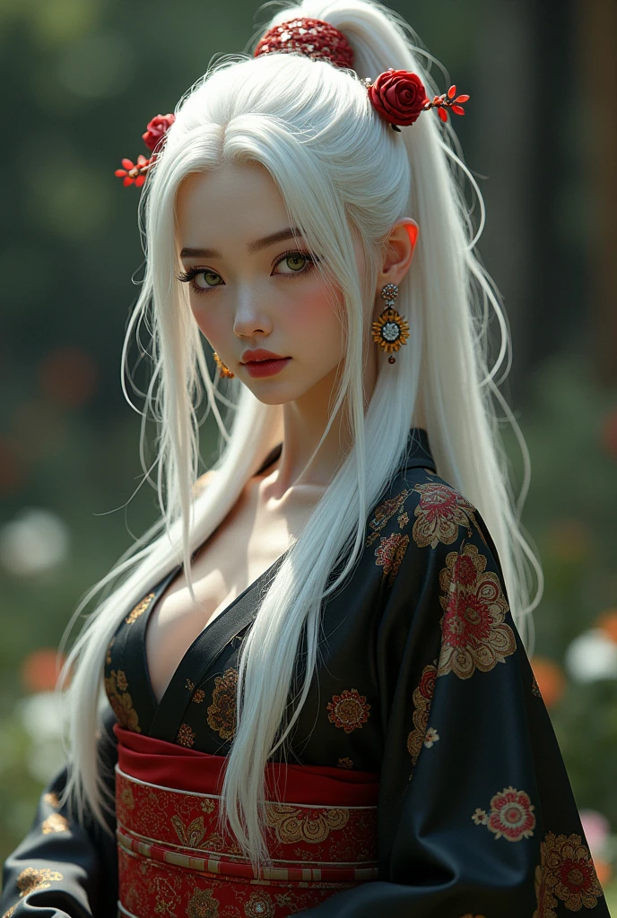 Height: Approximately 1.70 meters.
Physicist: Slim and curvy.
fur: White as snow.
hair: Long and white as snow or black, hairstyle in a high ponytail with kanzashi decorations.
eyes: light green, with long eyelashes.
outfit: As Oiran, Daki usually wears elaborate kimonos with striking patterns and vibrant colors.. In his demonic form, She wears a black kimono with red and gold details..
