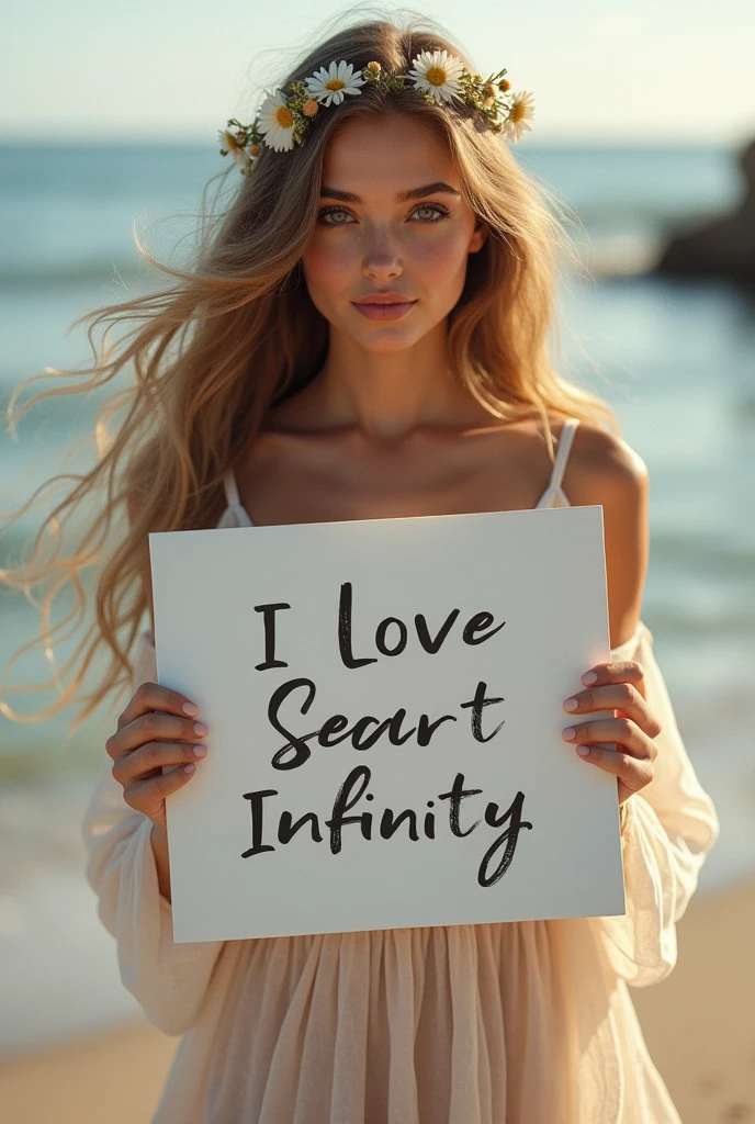 Beautiful girl with wavy long hair, bohemian dress, holding a white board with text "I Love Seaart Infinity" and showing it to the viewer en este aviso puede decir Laura torres