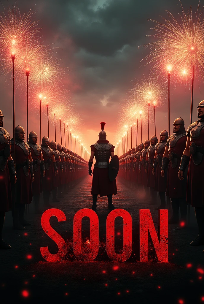 A photo of the Roman army with the word SOON in Portuguese in black with fireworks, and the word WARRIORS in red