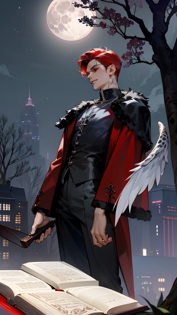 City of night、The blue moon visible between the buildings、((Leaning against a tree in the park1Men))、Black and red mesh hair、Short Hair、Spiky Hair、Red eyes、Earrings、Cross Necklace、bracelet、Black leather glove on right hand、Punk Fashion、Black Shirt、Black Leather Pants、((Red coat with leopard fur))、A man with an eerie smile in the moonlight、Urban Vampire、Black manukia、Tattoo on the neck、Shadow engraved on the ground、Black wings are projected、Depicting from thighs to head、(Beautiful Face、Beautiful and mysterious)、Enjoying a full moon night in the city、((holding a spell book in hand)、
、masterpiece, best quality, detailed, exquisite, beautiful, 16K, absurdres、skyscraper, park, outside, in the park, in the forest, beautiful, fantasy, dark fantasy, flowerpunk, photorealistic, half body photo, closeup shot, on right, front view, dutch angle shot, dynamic angle, intense wide shot, moonlight,