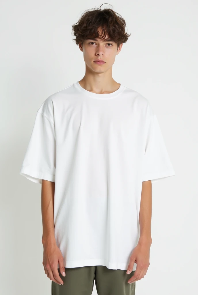 Young man wearing plain white unisex t-shirt, on a white background