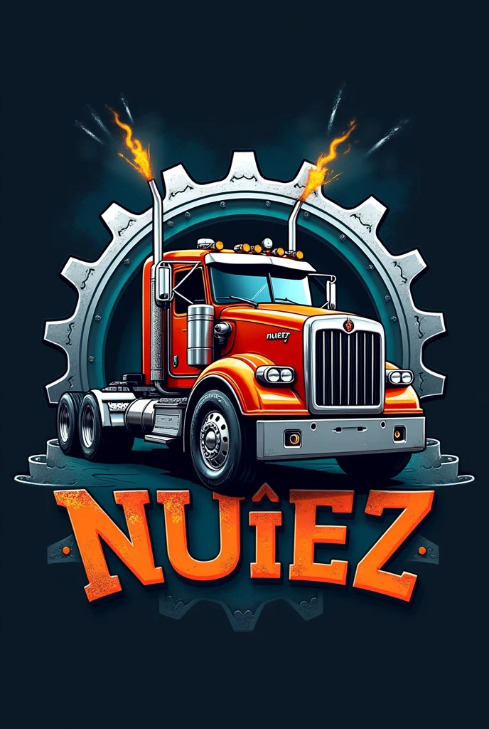 A logo for a body manufacturing company with an amazing truck cart standing out in the center, with gears around it and the word NUÑEZ that stands out below the body with welding and cutting machines on the sides