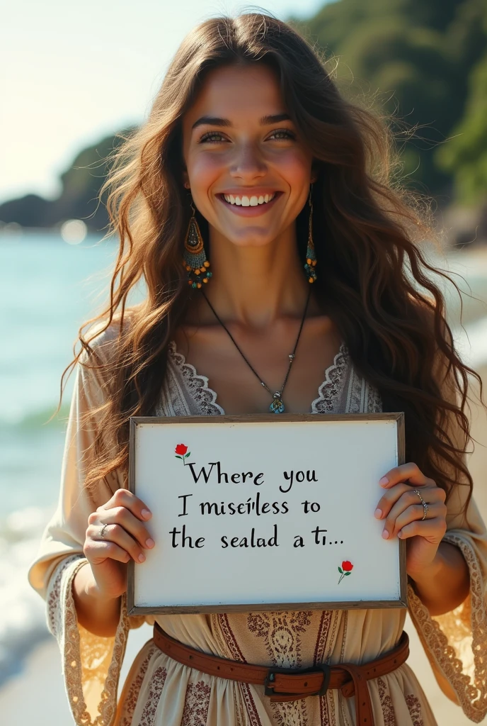 Beautiful girl with wavy long hair, bohemian dress, holding a white board with text "I Love Seaart Infinity" and showing it to the viewer