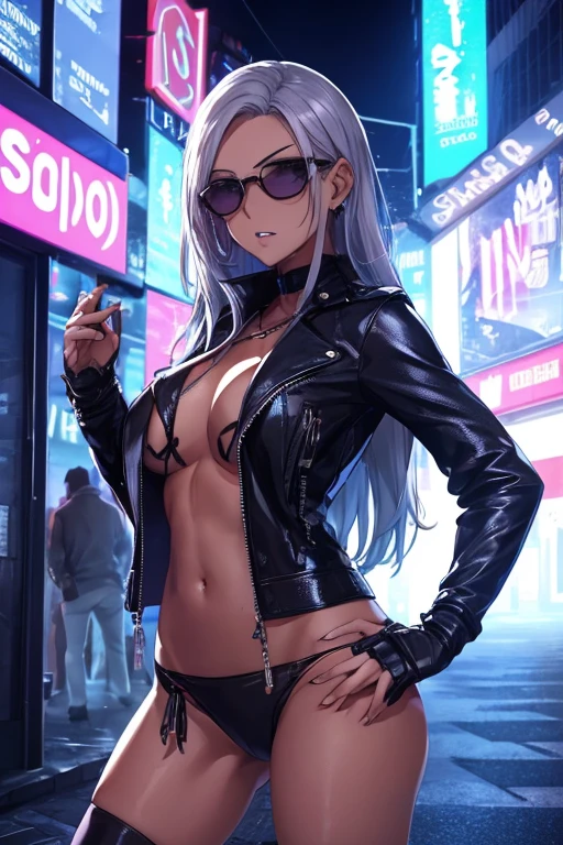A mysterious agent, enveloped in the shadowy embrace of city streets at night, standing on a corner illuminated by the neon glow of nearby shop signs. She is an embodiment of stealth and anonymity, with a pair of sleek, black sunglasses perched on the bridge of his nose despite the cloak of darkness. Herattire is a timeless blend of functionality and style, featuring a form-fitting leather jacket that whispers of secrets and the thrill of the clandestine. The sunglasses cast a reflection of the bustling urban nightlife, revealing the stark contrast between the vibrant, chaotic world around him and his stoic, focused gaze. The agent's posture is relaxed yet vigilant, one hand casually tucked into his jacket pocket, hinting at the concealed gadgets or weapons ready for action. Her eyes are unseen, a mirror to the untold stories he carries, as he watches the interplay of shadows and lights dance across the wet asphalt. The vibrant hues of the city lights create a stark palette of blues, purples, and reds, setting the stage for the unseen narrative unfolding in the heart of the metropolis. The tension is palpable as the agent's silhouette cuts through the mist, a silent sentinel amidst the symphony of nocturnal life, poised for the next move in a game of shadows that plays out on the grand chessboard of the city.