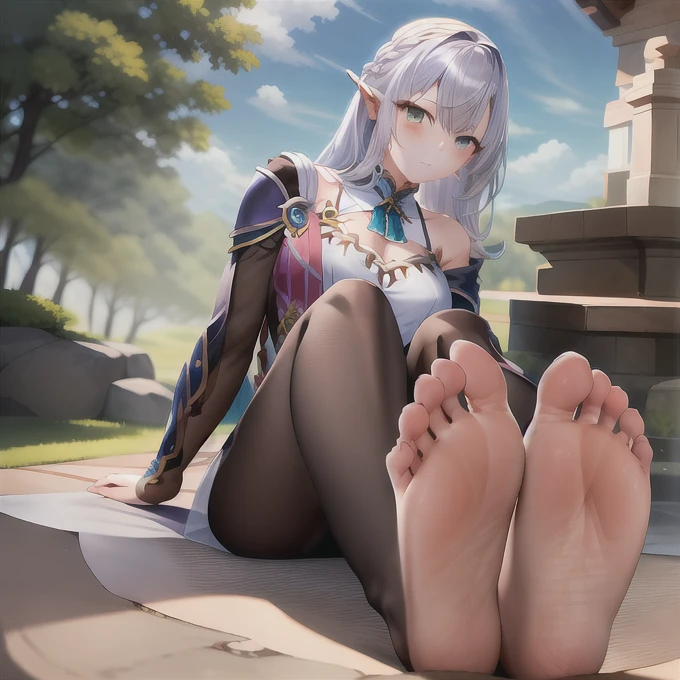 masterpiece, best quality, 1girl, grey eyes, silver hair, long hair, pointy ears, bored, sitting, feet up, soles, forest