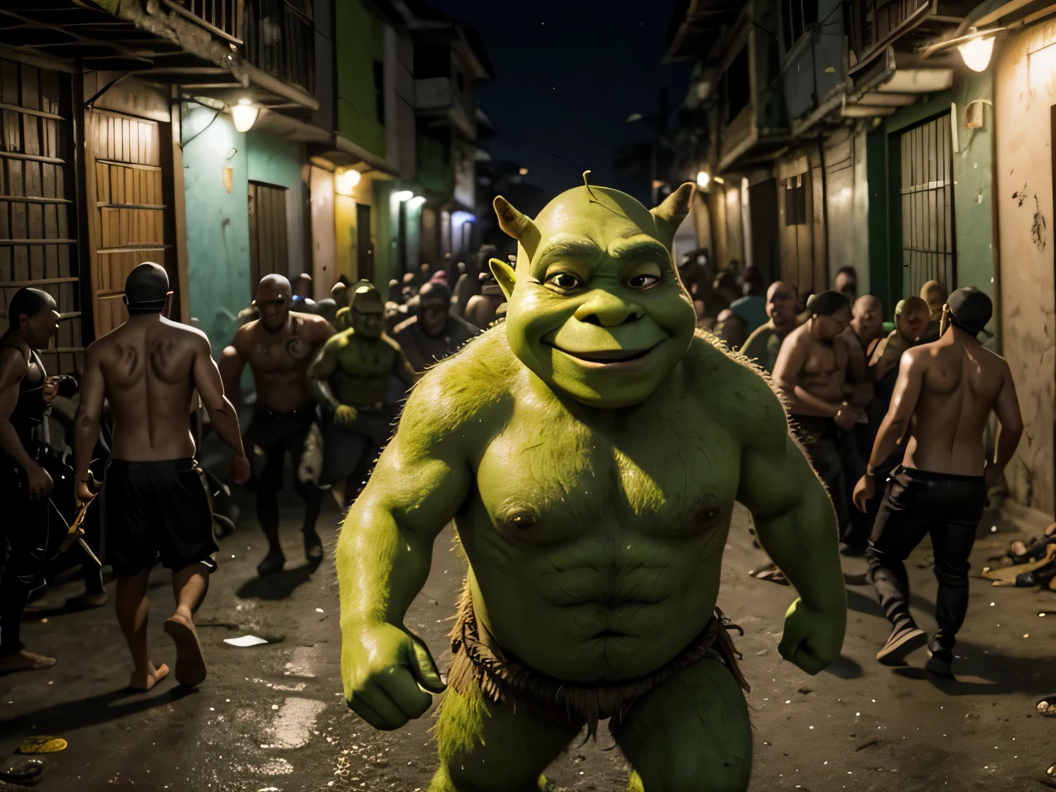 Shrek character being beaten by a gang of humans one night in a favela in Brazil
