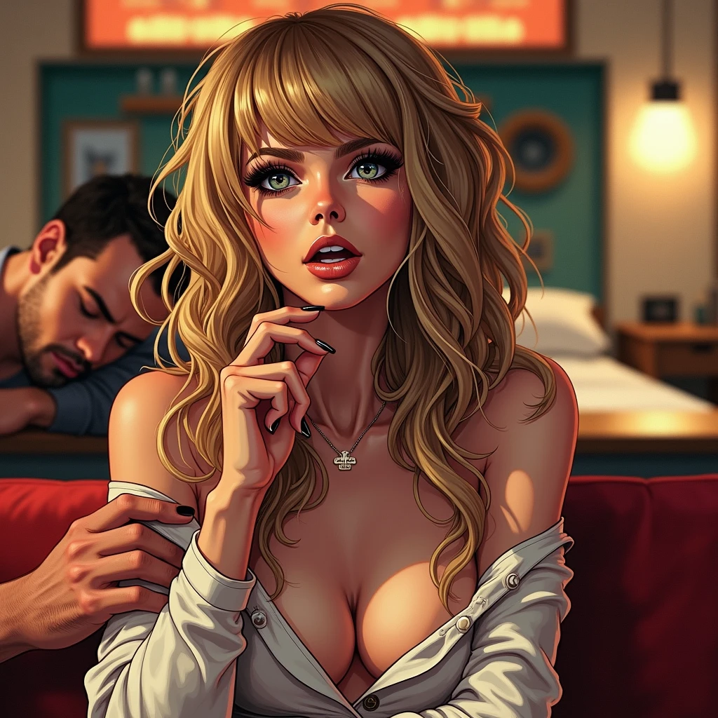 A hyper realistic photo in cyberpunk style with vivid and attractive colors, A blonde woman with a sexy and defined body accompanied by her husband and her lover, The three have an air of passion for the situation and enjoy provoking, She is very excited and her breasts are showing., A digital painting style image, sharp focus, illustration art by greg rutkowski, nsfw.