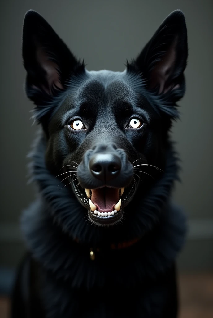 Cree une photo dun chien noir, de taille , au grand yeux blanc et avec un sourire qui fait peur