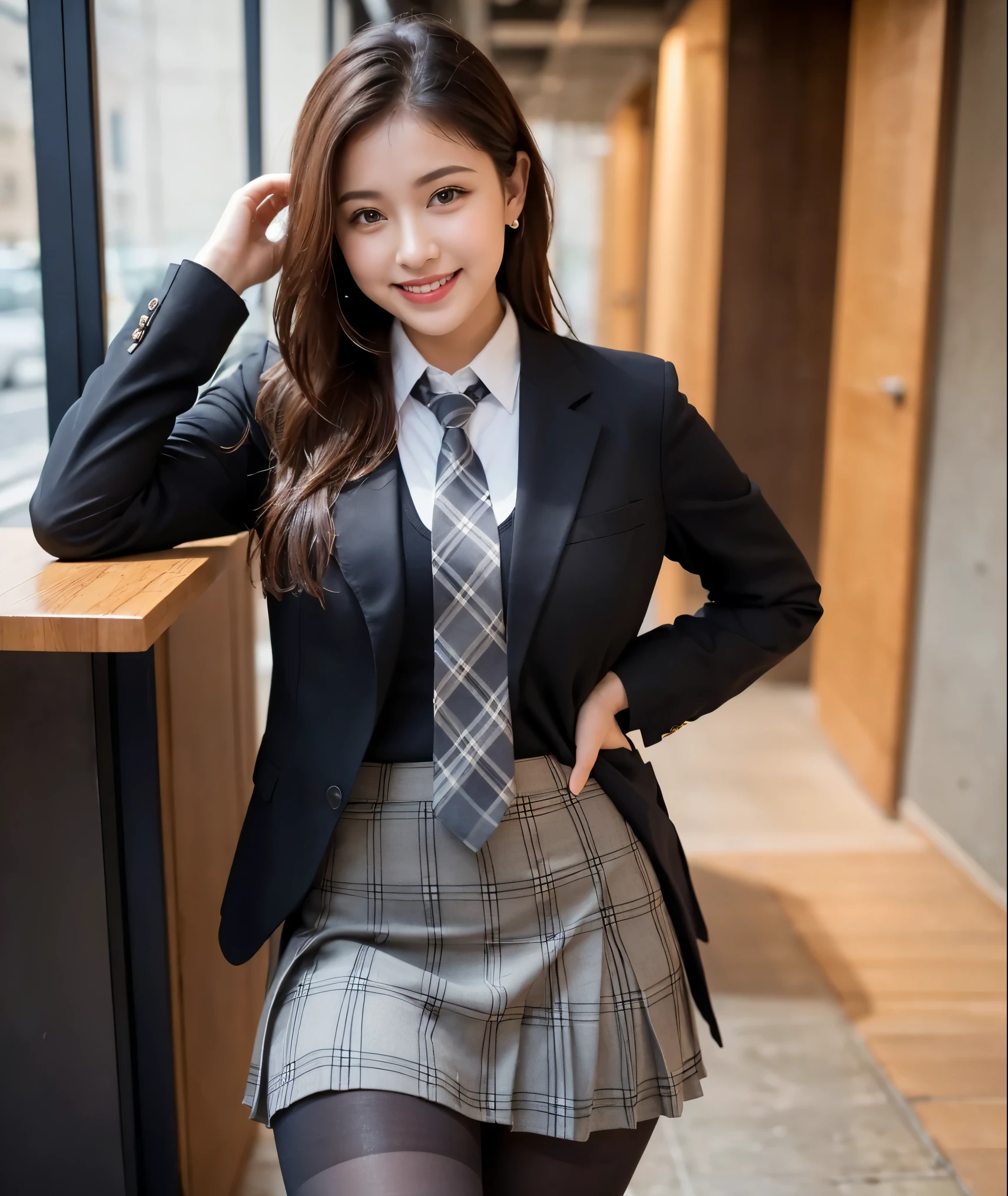 (8k), (best quality: 1.2), (realistic), (realistic: 1.37), ultra high resolution, (1 girl), cute, laugh, Shut up, beautiful details, beautiful nose, wet hair, Two giant cells, pork, thighs,Self Snap,College student ,Simple navy blue blazer,pleated skirt,(The skirt and tie are in a gray tartan check pattern........:1.3),(Sheet:1), sit on the floor,(hold my feet:1),(Black pantyhose in a single pattern:1.3),before,knee,