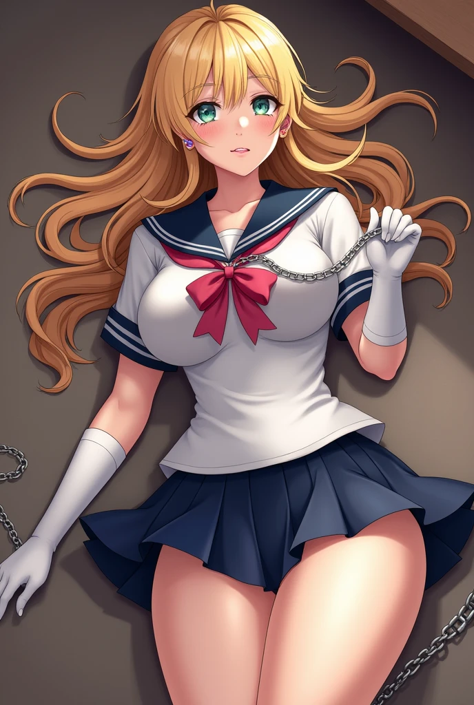 (Highest quality:1.1), (masterpiece:1.4), (Absurd:1.0), Portraiture, close,One girl, Sailor Uranus, Relationship, Mature Woman, Small breasts, Aqua Eye, Blonde, Sailor Warrior Uniform, Sailor collar, Chest Bow, Buck Bow, Pleated skirt, White elbow gloves, Big Ass, Ultra mini skirt , jewelry, Earrings, Lying on the floor, Show your ass, Micro Thong Butt, Very sexy , Nice ass. (Lying on the floor) Chain around the neck, Slave Girl.