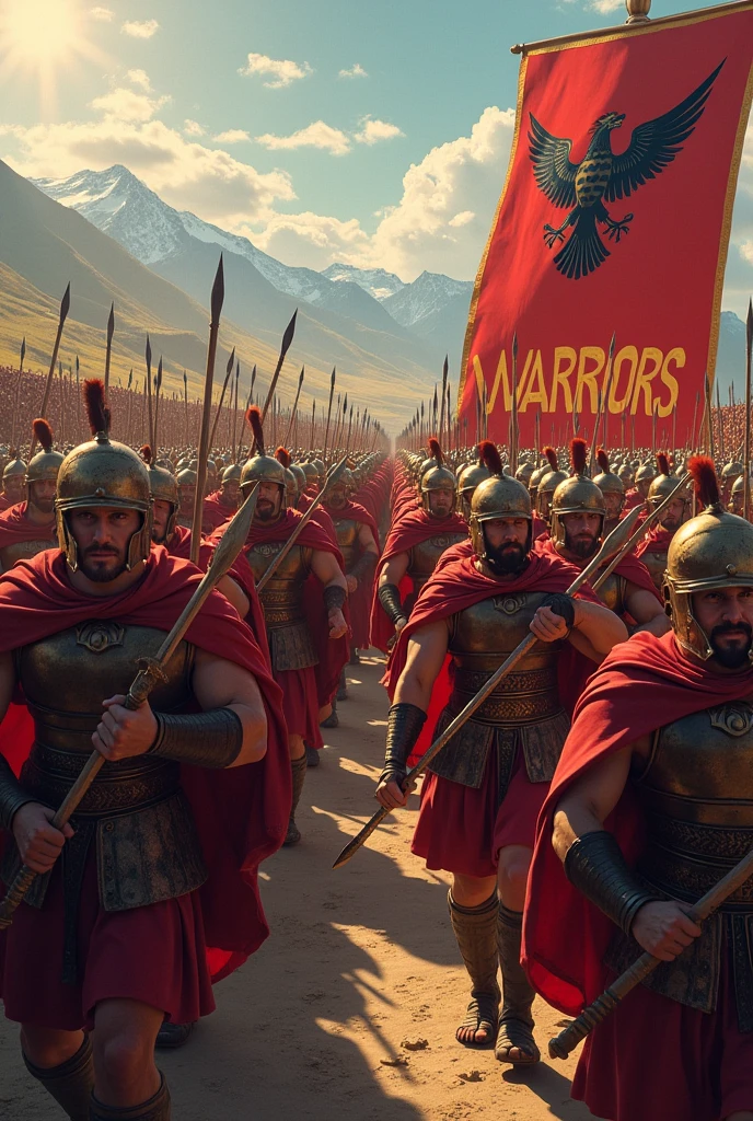 A picture of the Roman army with the word WARRIORS in red