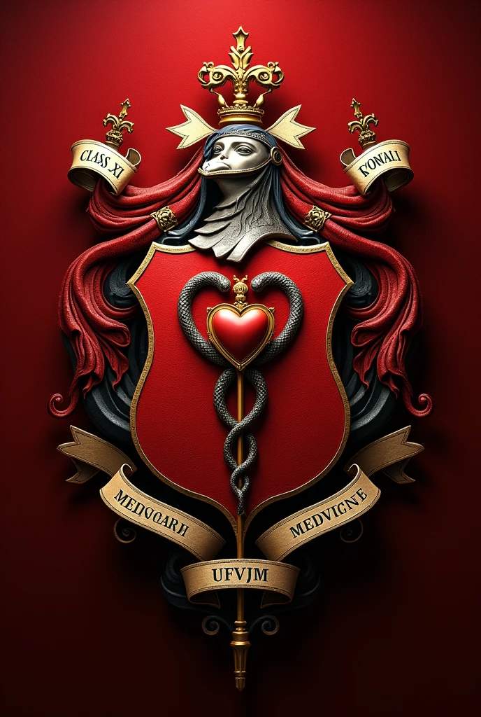 Create an image of a red and gold medicine coat of arms, that has a staff with two snakes and an image of a heart. At the top of the coat of arms, put a written tape "Class XXI" and at the bottom another ribbon with the inscription "Medicine UFVJM A