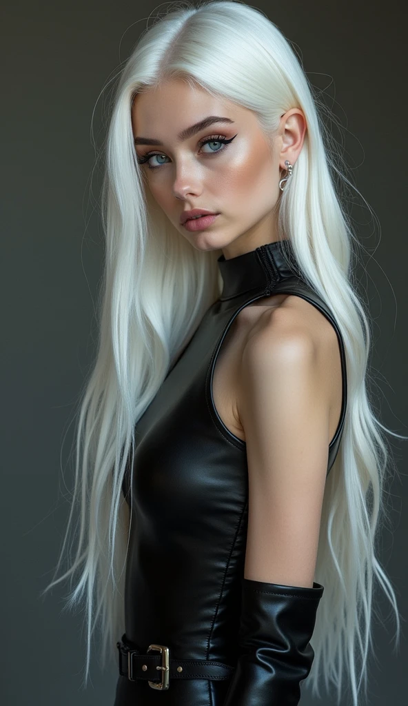 Full lenght, white hair, narrow face, grey eyes, girl, 18 years old, slim figure, almond-shaped eyes, button nose, full lips, european appearance, ultra highly intricate detailed, black eyeliner, leather summer dress, over knee boots, professional photography, ultra sharp focus, very beautiful
