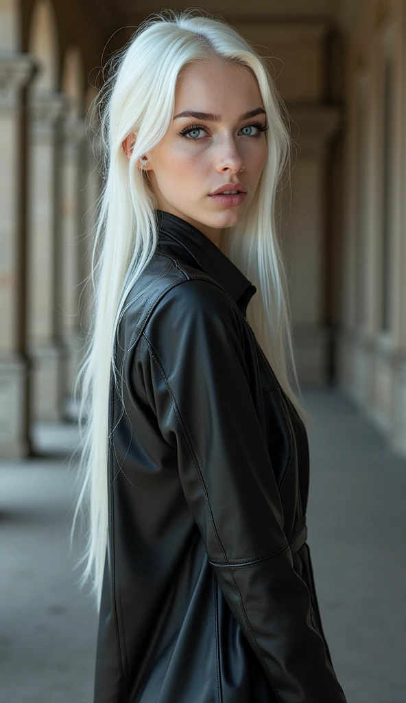 Full lenght, white hair, narrow face, grey eyes, girl, 18 years old, slim figure, almond-shaped eyes, button nose, full lips, european appearance, ultra highly intricate detailed, black eyeliner, leather summer dress, over knee boots, professional photography, ultra sharp focus, very beautiful
