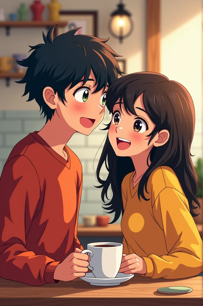 24 year old young man passionate about cartoon series who likes coffee and has a girlfriend named Jhona who has the same interests drawn in anime style