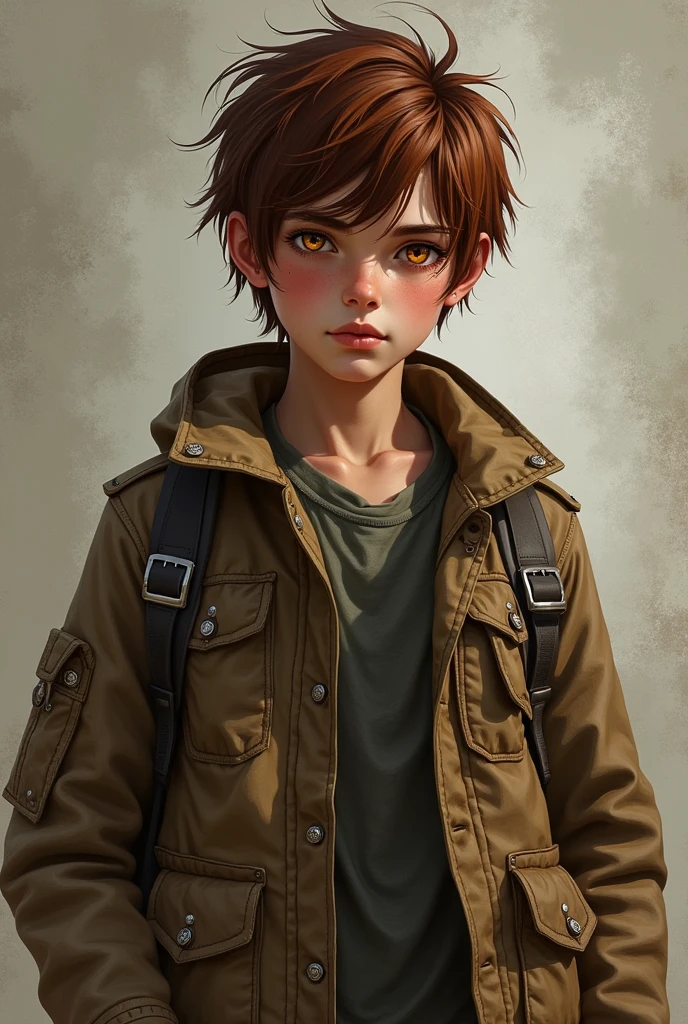 Character design sheet androgynous boy auburn brown hair caramel colored skin orange eyes wearing a brown canvas jacket last of us art style