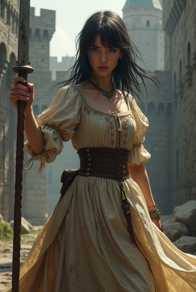 (medieval princess) (vintage dress ) castle background ( medium long straight messy black hair dark brown eyes) ( sword in his hands ) ( challenging look) ( somewhat dirty)
