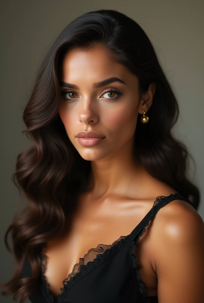 School portrait photograph of a gorgeous half Spanish and half black woman, in her 30s, chocolate brown hair, long vintage hairstyle, hazel eyes, down turned eyes, caramel skin tone, straight nose, heart shaped face, full lips, large breast