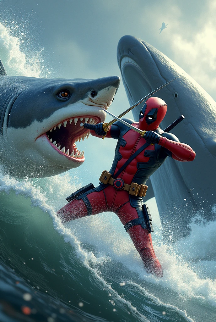 Deadpoll with swords fighting a shark and a whale