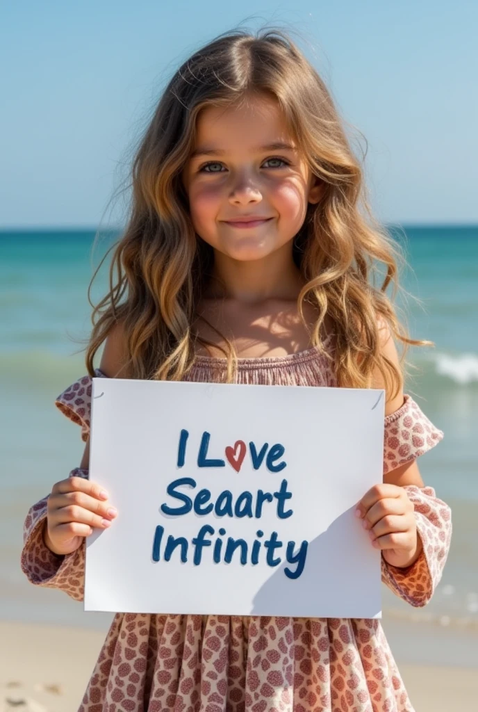 Beautiful girl with wavy long hair, bohemian dress, holding a white board with text "I Love Seaart Infinity" and showing it to the viewer