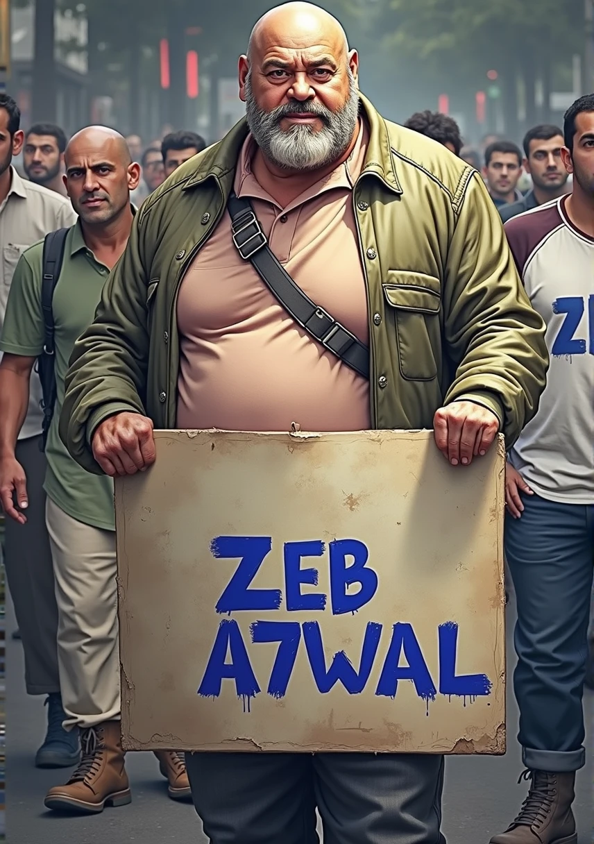 a man holding a sign saying "Zeb A7wal"