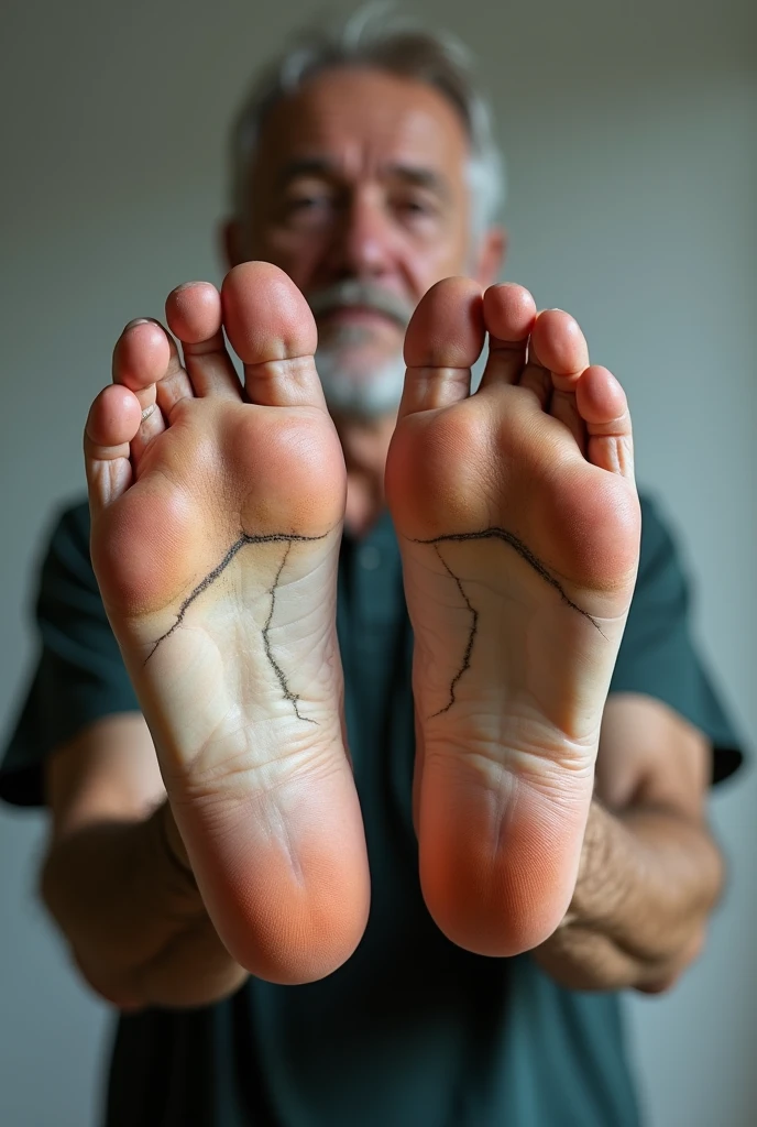 Create a video of a 50-year-old man showing the soles of his feet
