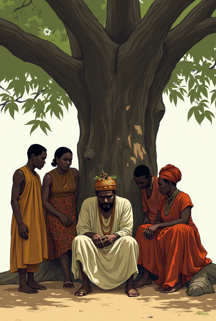 A sketch of a traditional Yoruba man sitting in front of a big tree, burring his head in his hand and surrounded by his friend and family in local attire