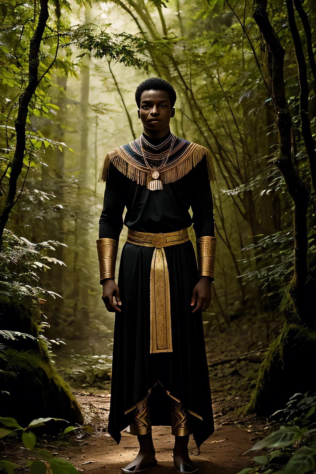 prince Tumo in the sacred forest: an image of a young african 
prince with dark, intense eyesm standing in a dens. lush forest.
he is wearing traditional royal attirem holding a mystical, glowing stone in one had.
the forest around him is eerie, with light filtering through thick leaves, realstic