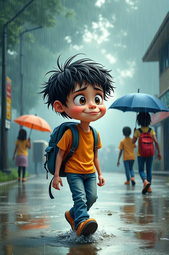 make a editorial cartoon with a theme "first day of school" but it's raining, so it's shown that the student looks like his struggling just to go school