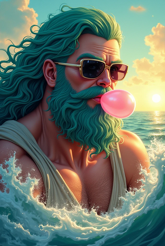 Poseidon wearing sunglasses and blowing bubble gum