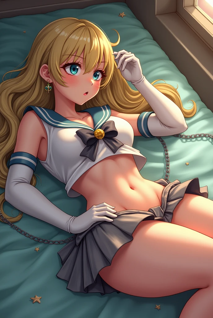 (Highest quality:1.1), (masterpiece:1.4), (Absurd:1.0), Portraiture, close,One girl, Sailor Uranus, Relationship, Mature Woman, Small breasts, Aqua Eye, Blonde, Sailor Warrior Uniform, Sailor collar, Chest Bow, Buck Bow, Pleated skirt, White elbow gloves, Big Ass, Ultra mini skirt , jewelry, Earrings, Lying on the floor, Show your ass, Micro Thong Butt, Very sexy , Nice ass. (Lying on the floor) Chain around the neck, Slave Girl.