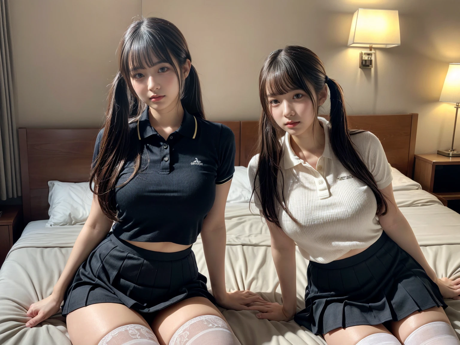 masterpiece, best quality, illustration, Super detailed, fine details, High resolution, 8K,wall paper, perfect dynamic composition,(Details High quality, realistic depiction of eyes:1.3), (2 girls), (collared polo shirt), pleated skirt, knee high socks, twin tails, in a hotel room in the background, deep on field, large breasts, black hair color, Big Natural Color Lip, (perfect body shape), crying a little、Harajuku style、20 year old girl、cute type、beautiful legs, Gravure Idol