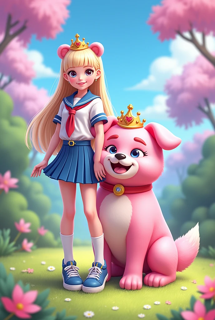 Free fire character with pink dog with teddy bear tiara and school clothes and skirt and white and red and blue shoes