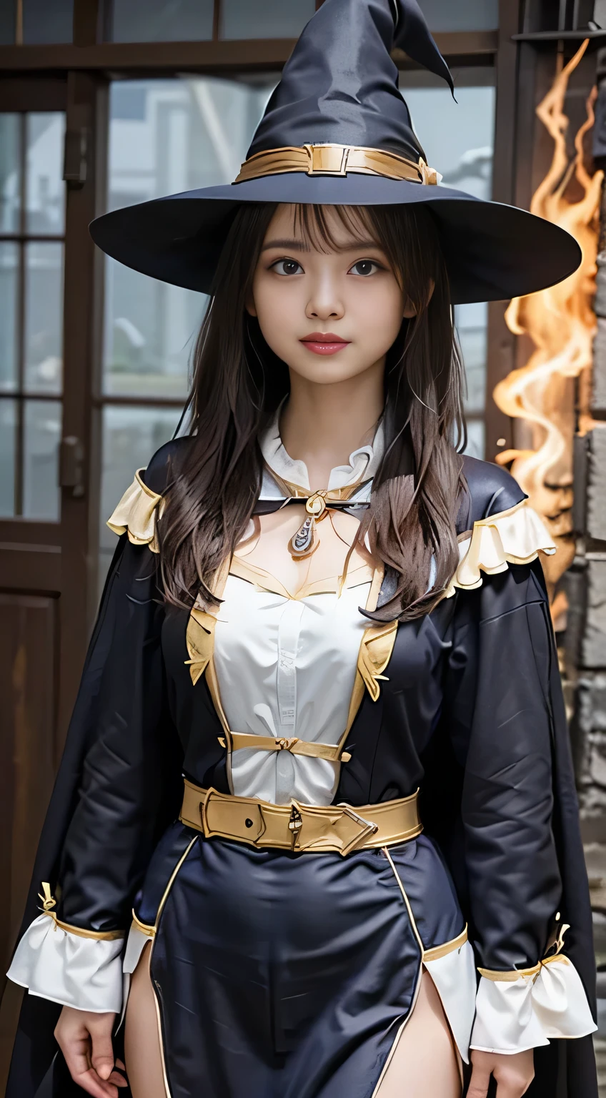 (Skin Dentition:1.5), Realistic, Realistic, (masterpiece:1.5), Concept Art, ((Witch Costume:1.4))、((Full body shot:1.4))、Intricate details, Very detailed, Realistic, Octane Rendering, 8k, Unreal Engine, Dynamic pose, Highest quality, High resolution, (Realistic Face:1.1), (Super realistic:1.1), ((full_body)), Perfect Eyes,(Glowing Skin:1.2), (((Hairstyle))), (((Perfect hands))), (Very detailed background), ((Dynamic Background)), ((lightning)), (light), ((One girl)), Wearing a cape, (((Flowing Cape))), ((Detailed eyes, High quality eyes, High quality face)), (Very complicated robe, magical robes), short hair, casting lightning, electricity, Swirling Fire, Radiation Force, spark, cigarette, magic, ((dramatic)), amazing, battlefield, Depth of written boundary, bokeh, 4K, Gothic, human, particle