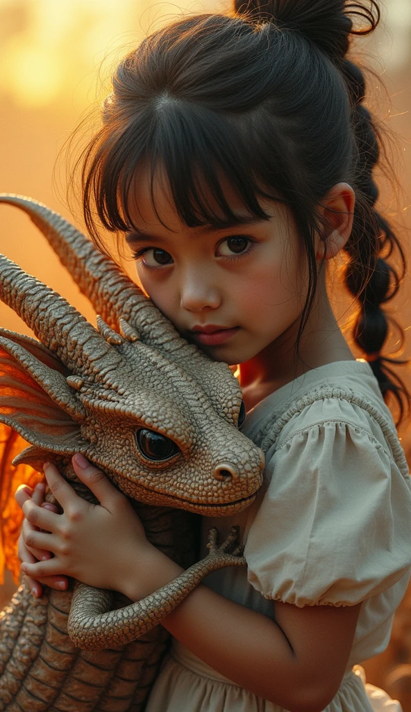 Hyperdetailed, dreamlike, grunge, fantasy, dynamic poster, inspired by [Brian M Viveros, Esao Andrews, Luis Royo], close-up portrait of a striking child ((hugging a cute dragon)) highly textured, dreamy atmosphere, transparency, slight smile, elaborately decorated, dynamic pose, intricate designs, complex background bathed, sunset hues