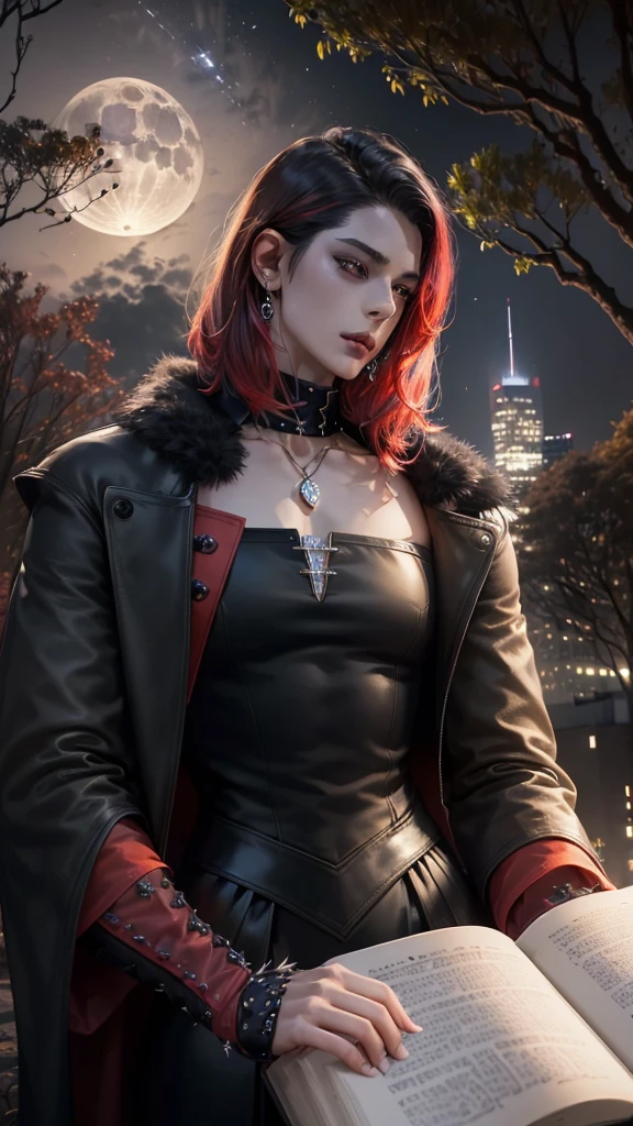 City of night、The blue moon visible between the buildings、((Leaning against a tree in the park1Men))、Black and red mesh hair、Short Hair、Spiky Hair、Red eyes、Earrings、Cross Necklace、bracelet、Black leather glove on right hand、Punk Fashion、Black Shirt、Black Leather Pants、((Red coat with leopard fur))、A man with an eerie smile in the moonlight、Urban Vampire、Black manukia、Tattoo on the neck、Shadow engraved on the ground、Black wings are projected、Depicting from thighs to head、(Beautiful Face、Beautiful and mysterious)、Enjoying a full moon night in the city、((holding a spell book in hand)、
、masterpiece, best quality, detailed, exquisite, beautiful, 16K, absurdres、skyscraper, park, outside, in the park, in the forest, beautiful, fantasy, dark fantasy, flowerpunk, photorealistic, half body photo, closeup shot, on right, front view, dutch angle shot, dynamic angle, intense wide shot, moonlight,