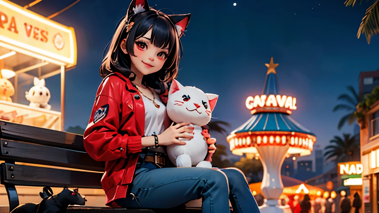 1girl junkotvv ,red eyes,black hair,flequillo, cat ears, belt,necklace,red jacket,jeans, looking at viewer, smiling, happy, sitting, on bench, holding large stuffed animal, outside, carnival, night, crowd, neon lighting, high quality, masterpiece,