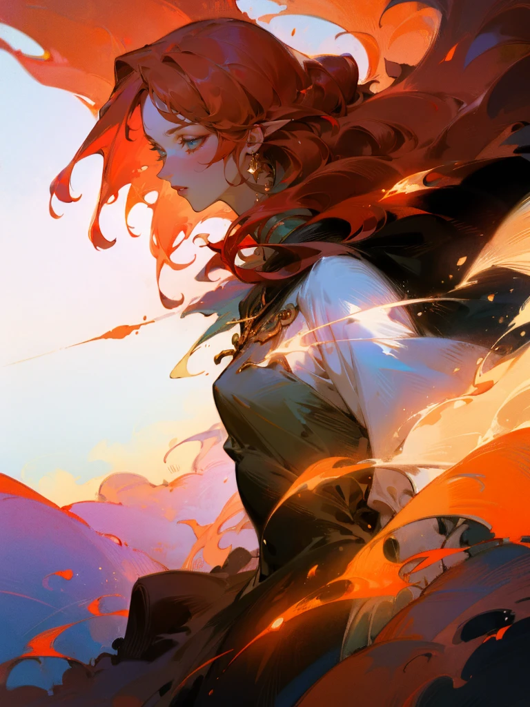 ( High quality , ultra detailed to hand ) ( careful hand ) Zodiac sign- Aries goddess , similar to latin goodness , Brave ,willful ,productive ,enterprising and humanitarian face . Moody, impulsive, impatient, assertive style . sunset reddish hair , transparent dress , in the ocean with sun , whole body , crystal fire eyes ( eye detailed ) . strong powerful make up look . Fire goddess .