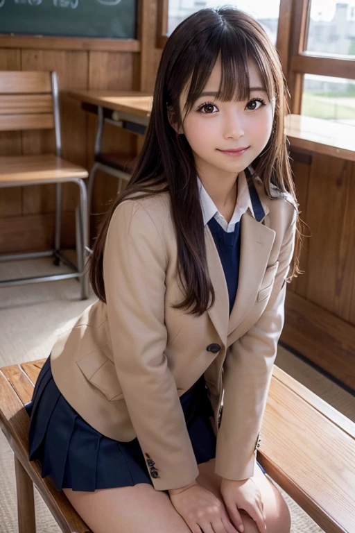 Highest quality, Face focus, Soft Light, (Depth of written boundary), Ultra-high resolution, (Realistic: 1.4), RAW Photos, (Landscape) 1 Japanese girl, alone, good looking, (shy, smile: 1.1), (Brown eyes), Beautiful face in every detail, (Long Hair), (Chair), (school uniform: 1.4, Navy Skirt, Navy Blazer), pet Shop,