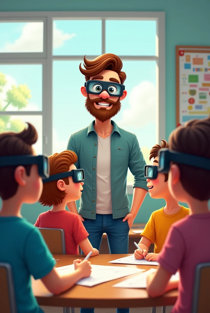 Students sitting around a young bearded male teacher, They are wearing augmented reality glasses in cartoon form 