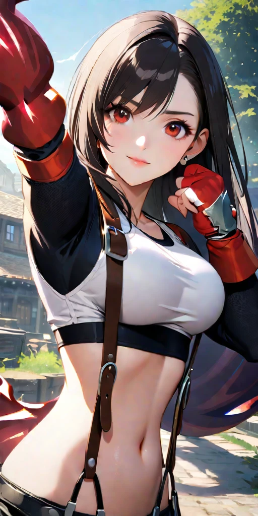 (((((tifa lockhart,Final Fantasy 7:1.5))))),((Highest quality、masterpiece、anime style、best quality、high resolution、8k、detailed、ultra-detailed:1.3))、Long legs:1.2, Beautiful woman with perfect figure:1.4、(Smiling:1.2), double eyelid、30-year-old female、((((One Woman,beautiful face,Beautiful face、Outdoor,upper body:1.5)))),Big Breasts、High resolution, accurate, Anatomically correct, High-resolution model, high quality, Very detailed, Ultra high definition、Black Hair、Straight Hair、Long Hair,Red open finger gloves,(Uplifting、action、contrapposto pose、dynamic、dynamicポーズ、dynamic motion:1.5)、(((((speed lines、action lines,movement,dynamism:1.0)))))