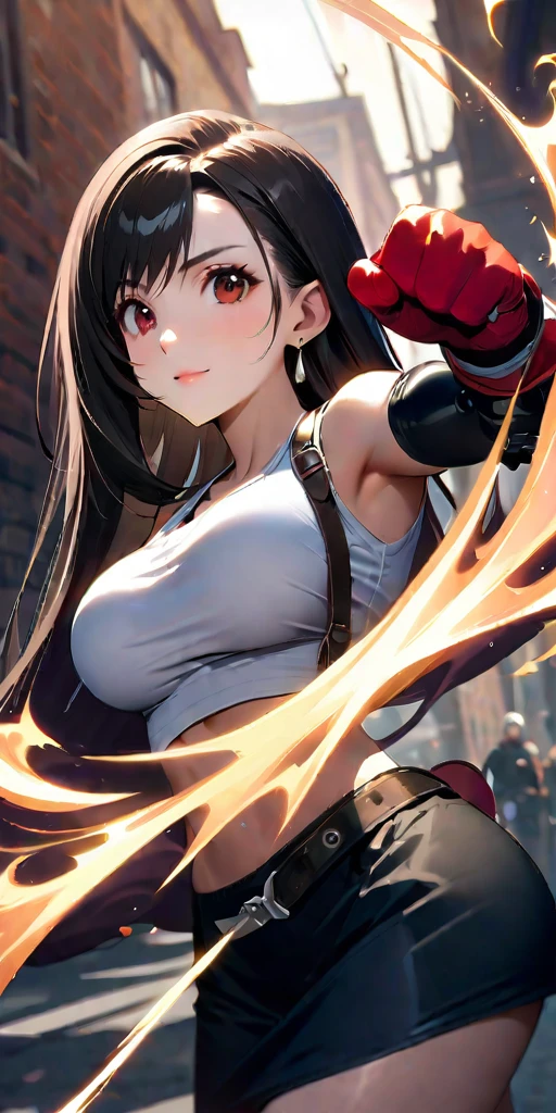 (((((tifa lockhart,Final Fantasy 7:1.5))))),((Highest quality、masterpiece、anime style、best quality、high resolution、8k、detailed、ultra-detailed:1.3))、Long legs:1.2, Beautiful woman with perfect figure:1.4、(Smiling:1.2), double eyelid、30-year-old female、((((One Woman,beautiful face,Beautiful face、Outdoor,upper body:1.5)))),Big Breasts、High resolution, accurate, Anatomically correct, High-resolution model, high quality, Very detailed, Ultra high definition、Black Hair、Straight Hair、Long Hair,Red open finger gloves,(Uplifting、action、contrapposto pose、dynamic、dynamicポーズ、dynamic motion:1.5)、(((((speed lines、action lines,movement,dynamism:1.0)))))