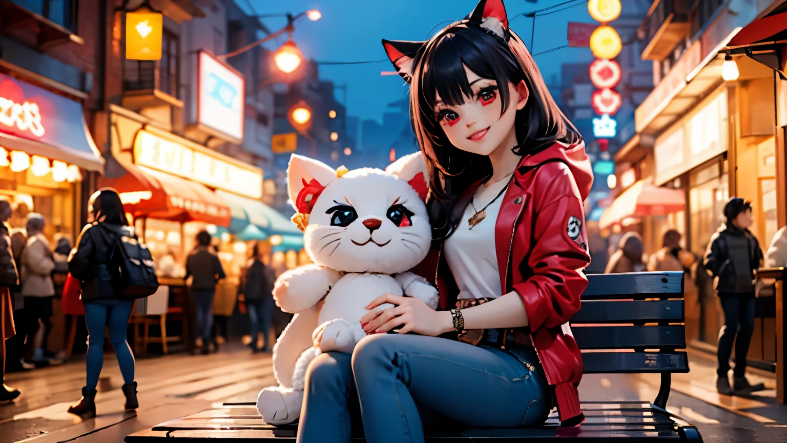 1girl junkotvv ,red eyes,black hair,flequillo, cat ears, belt,necklace,red jacket,jeans, looking at viewer, smiling, happy, sitting, on bench, holding large stuffed animal, outside, carnival, night, crowd, neon lighting, high quality, masterpiece, 